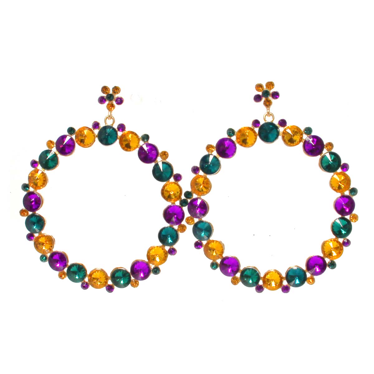 Round Purple/Green/Gold Crystal Earrings, 3", Mardi Gras