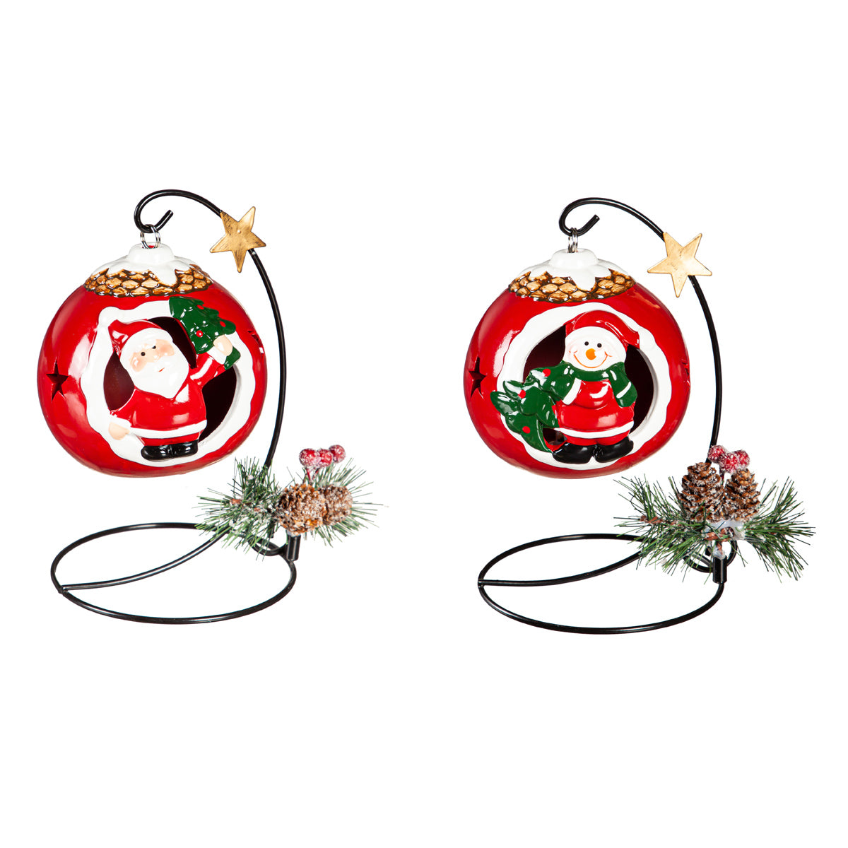 Ceramic Ornament with Metal Stand, Santa/Snowman, 4" LED