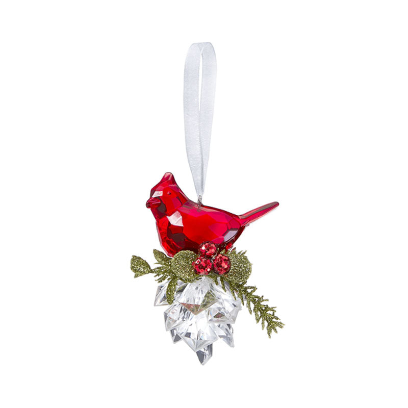 Teeny Mistletoe Cardinal on a Pinecone Krystal Ornament