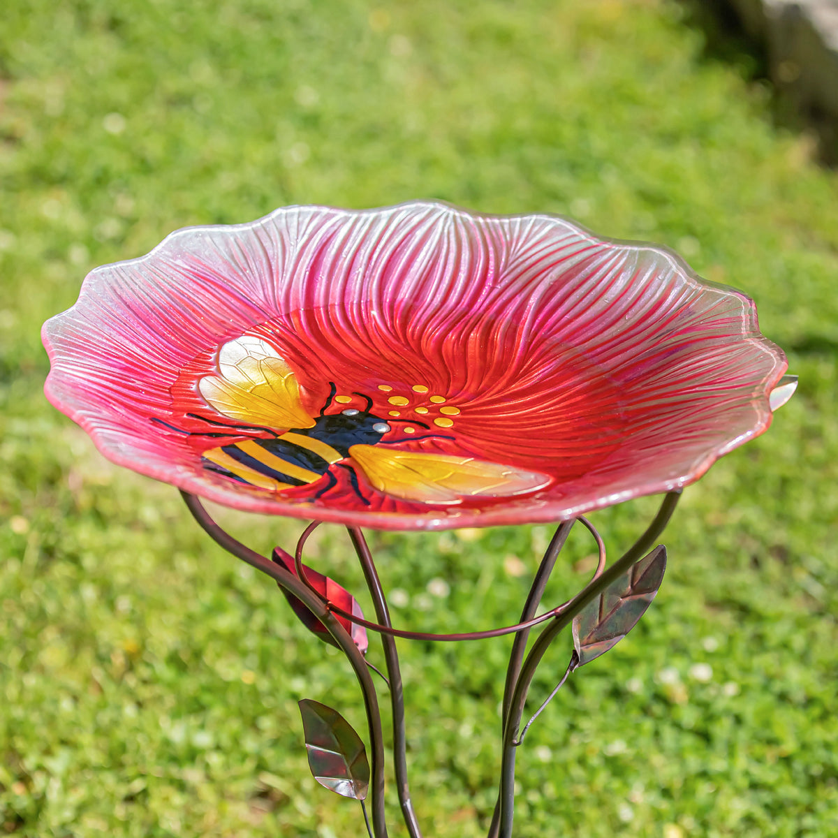 Glass Birdbath, Flower & Bee