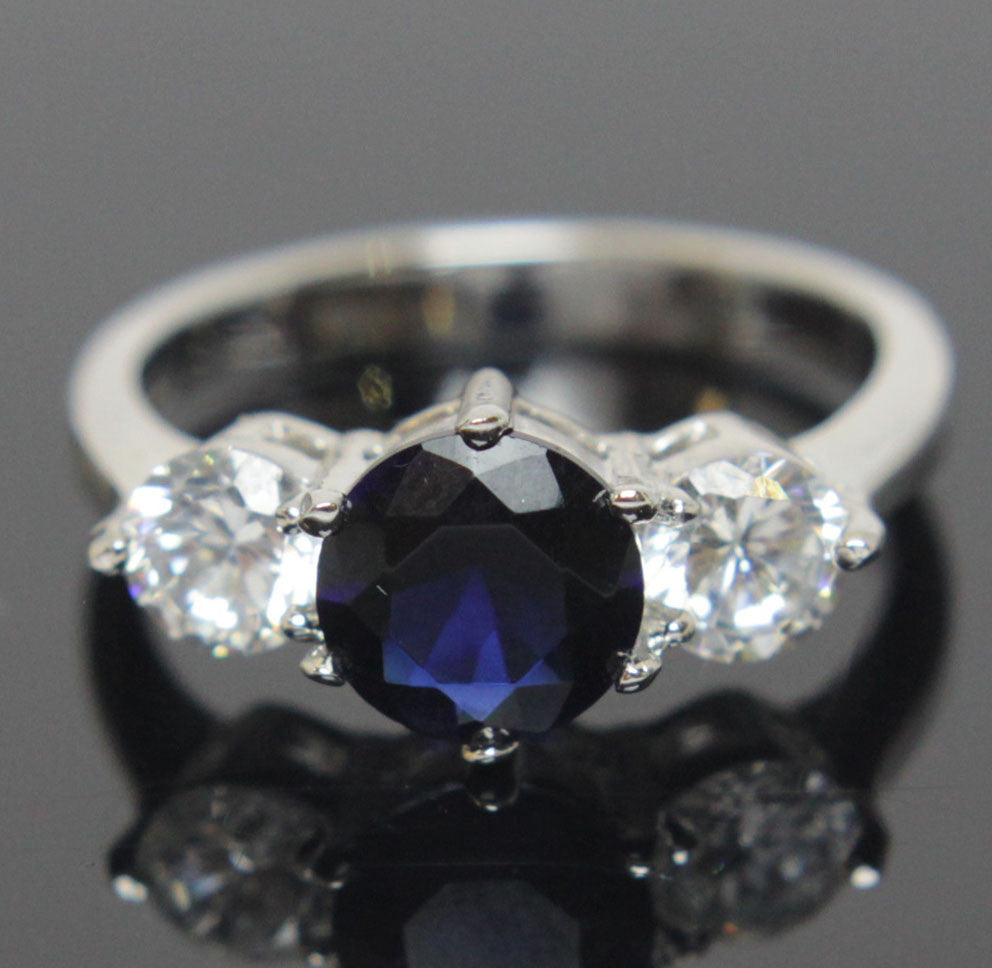 Sterling Silver Sapphire Diamond CZ Ring Size 6