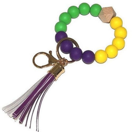 Mardi Gras Keychain W/ Beads & Tassel Bracelet