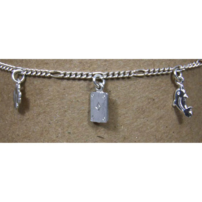 Sterling Silver Chain w/Charms Ankle Bracelet 10"