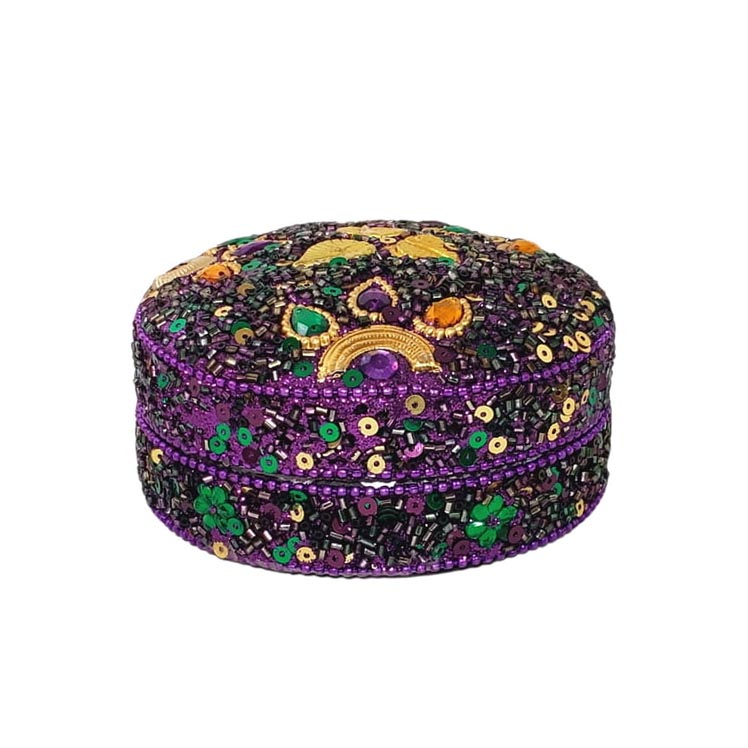 Mardi Gras Round Purple Leaves Jeweled Box 4"