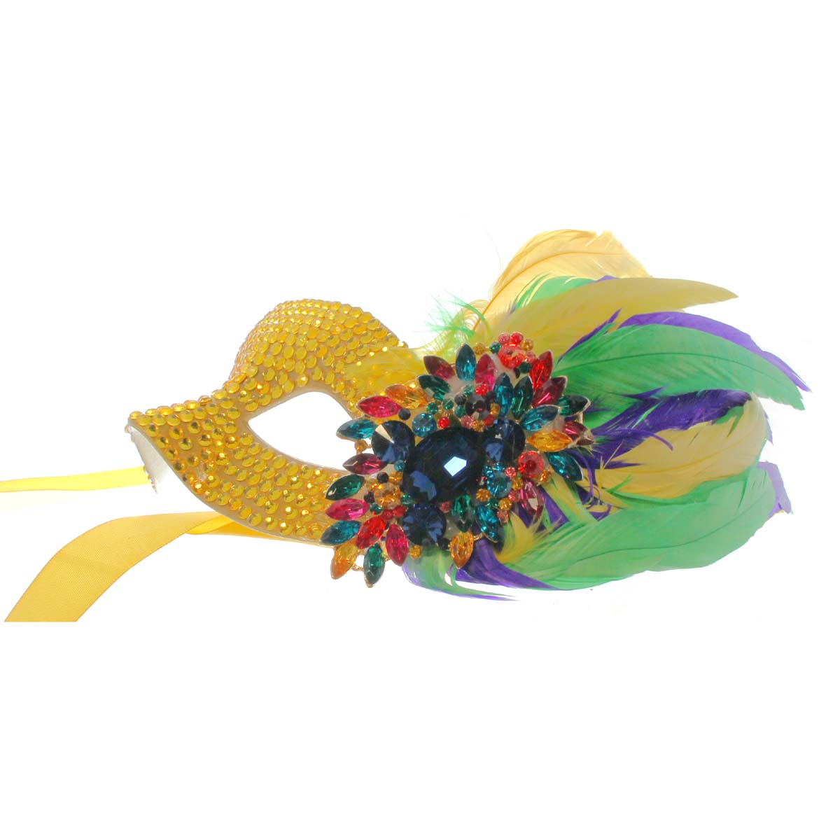 Oversized Gold Jewelled Feather Mask w/Multicolored Jewel