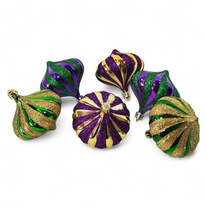Mardi Gras Box of 6 Onion Shaped Ornaments 3.25"