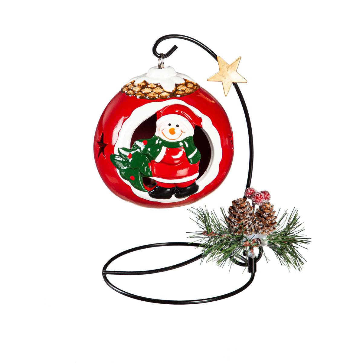 Ceramic Ornament with Metal Stand, Santa/Snowman, 4" LED