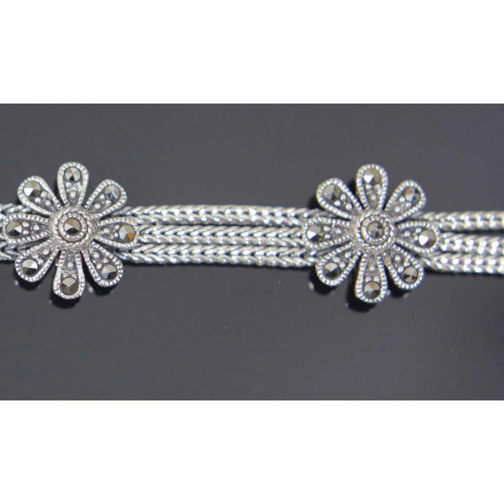 Sterling Silver Marcasite Flowers Bracelet 7"