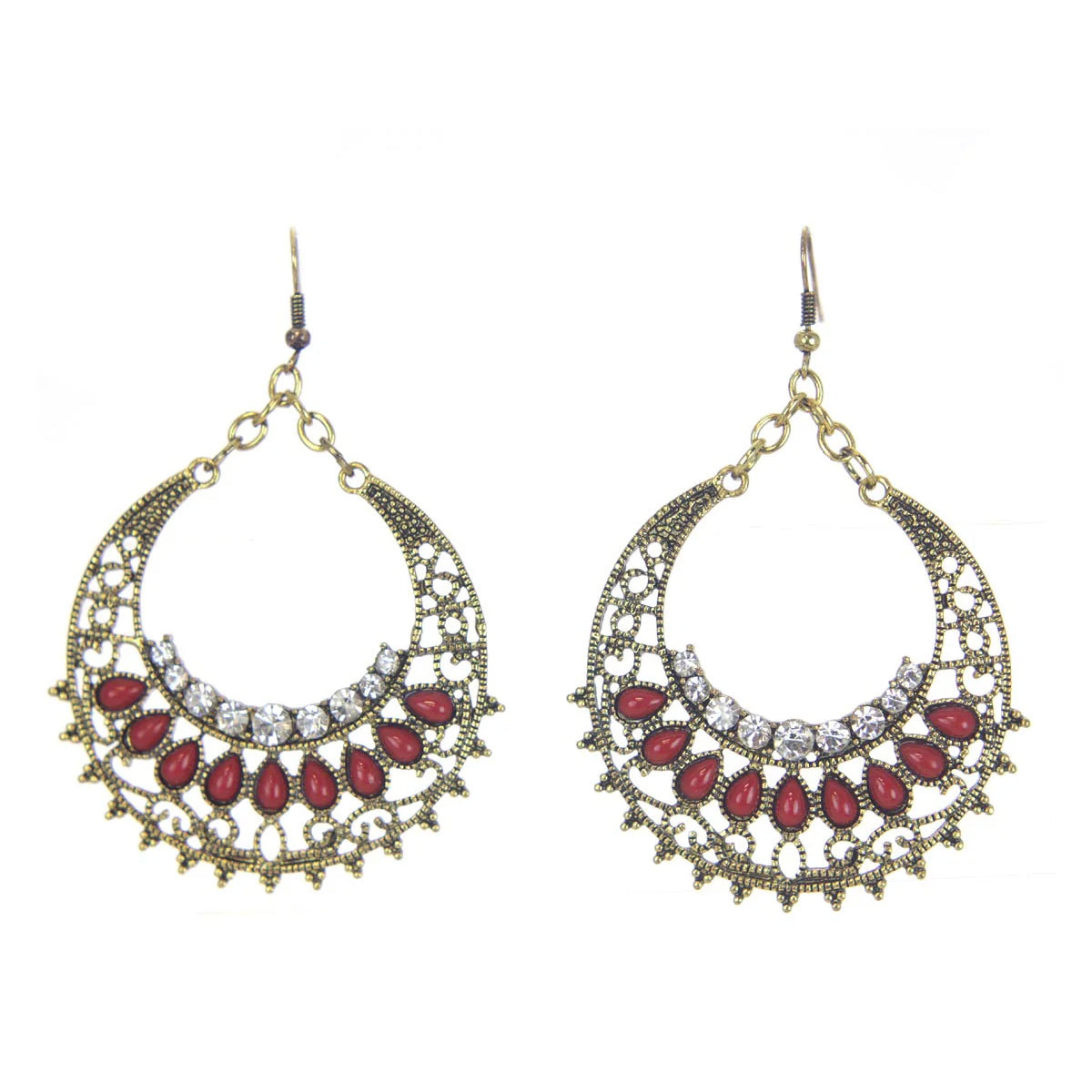 Antique Gold Rhinestone with Red Coral Earrings