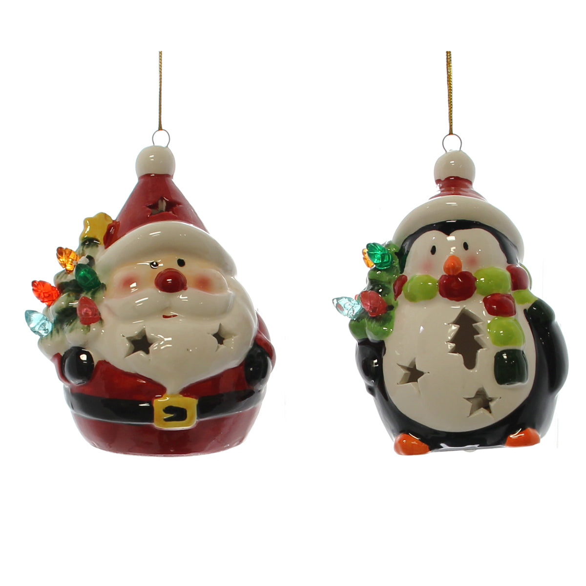 Ceramic Christmas Icon Ornament, 4" LED, 2 Asst: Santa, Penguin