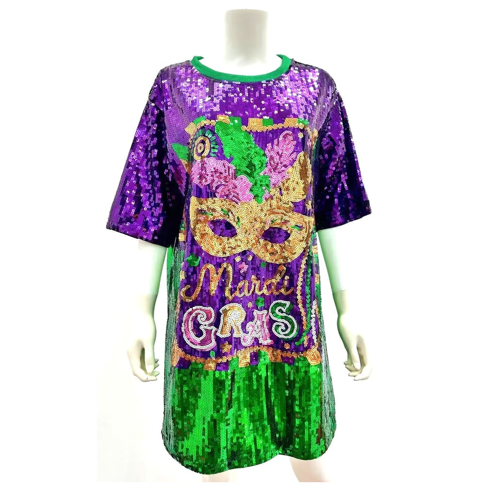Mardi Gras Sequin T-Shirt Dress w/Mask and Queen Motif