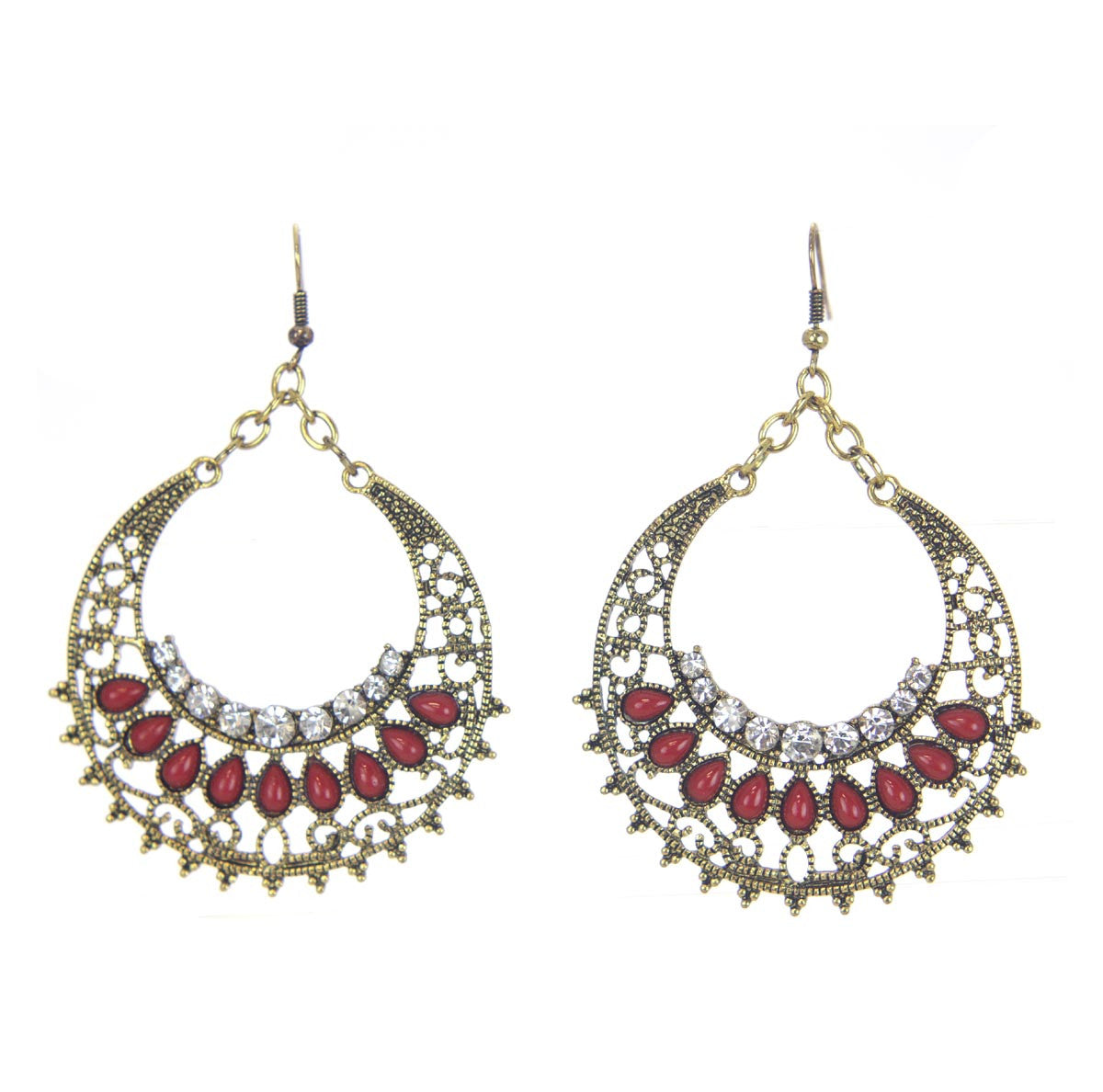 Antique Gold Rhinestone Earrings with Red Beads