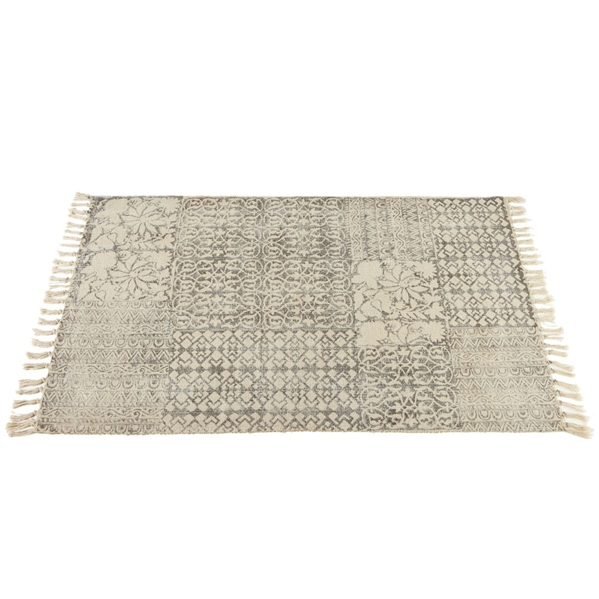 Block Print Gray and Cream Geometric & Floral Fringed Rug