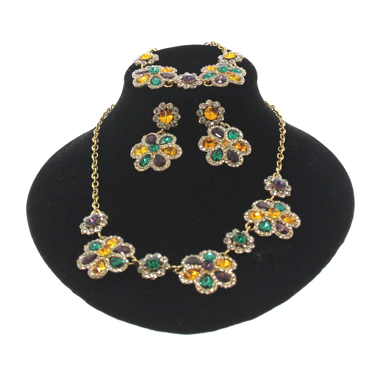Mardi Gras Floral Gem Necklace, Earring, and Bracelet set