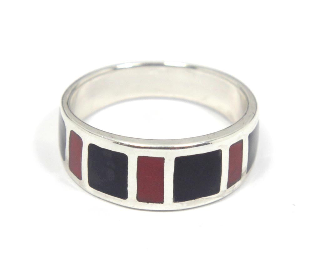 Sterling Silver Onyx & Coral Ring Size 8.5