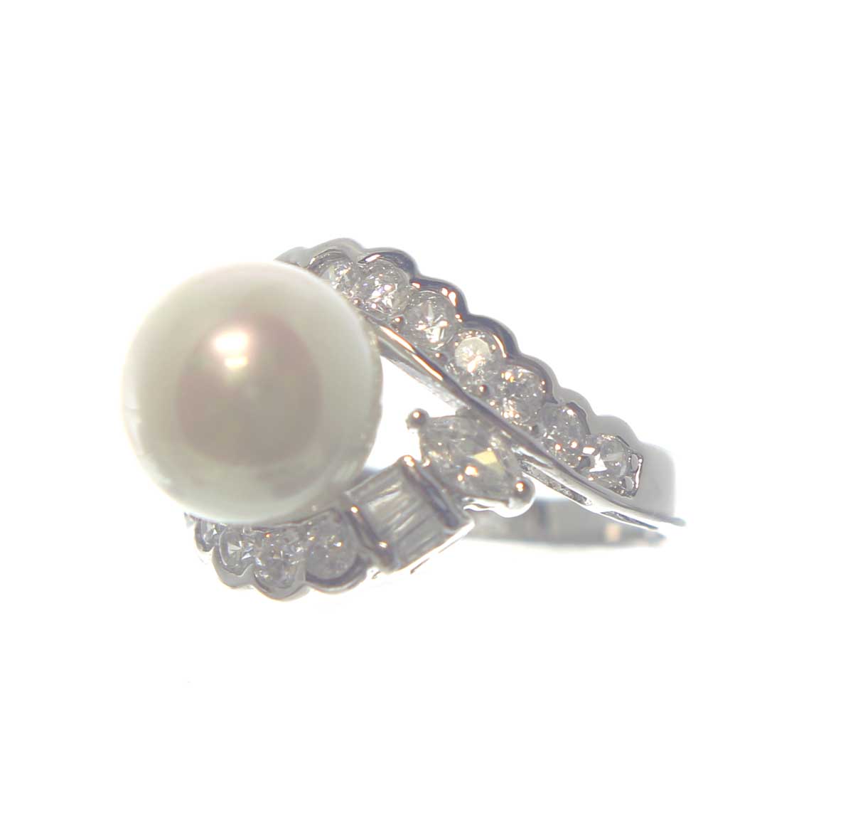 Sterling Silver Pearl  CZ's Ring  Size 6
