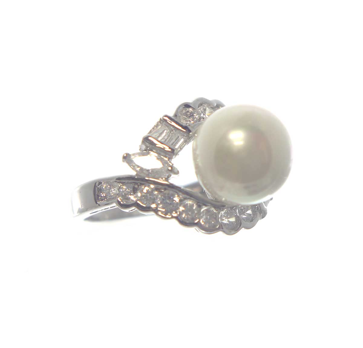 Sterling Silver Pearl  CZ's Ring  Size 6