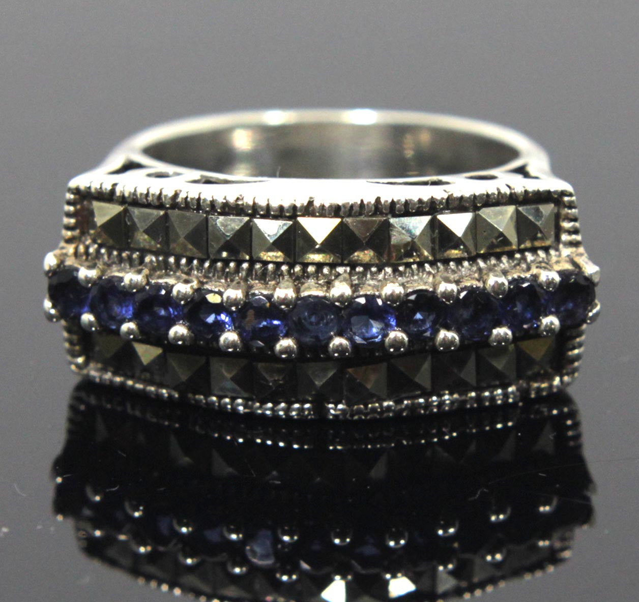 Sterling Silver Sapphire Zirconia Marcasite Ring Size 8
