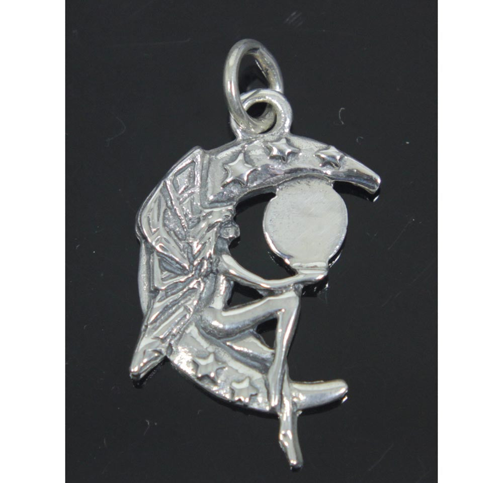 Fairy on the Moon Pendant, Sterling Silver