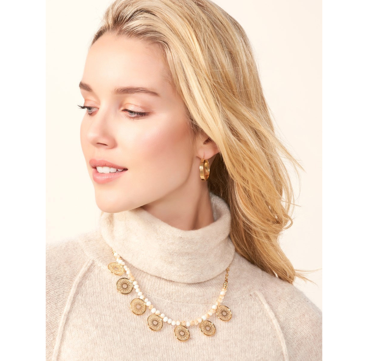 CHARLIE PAIGE Gold and White Beaded Disc Necklace