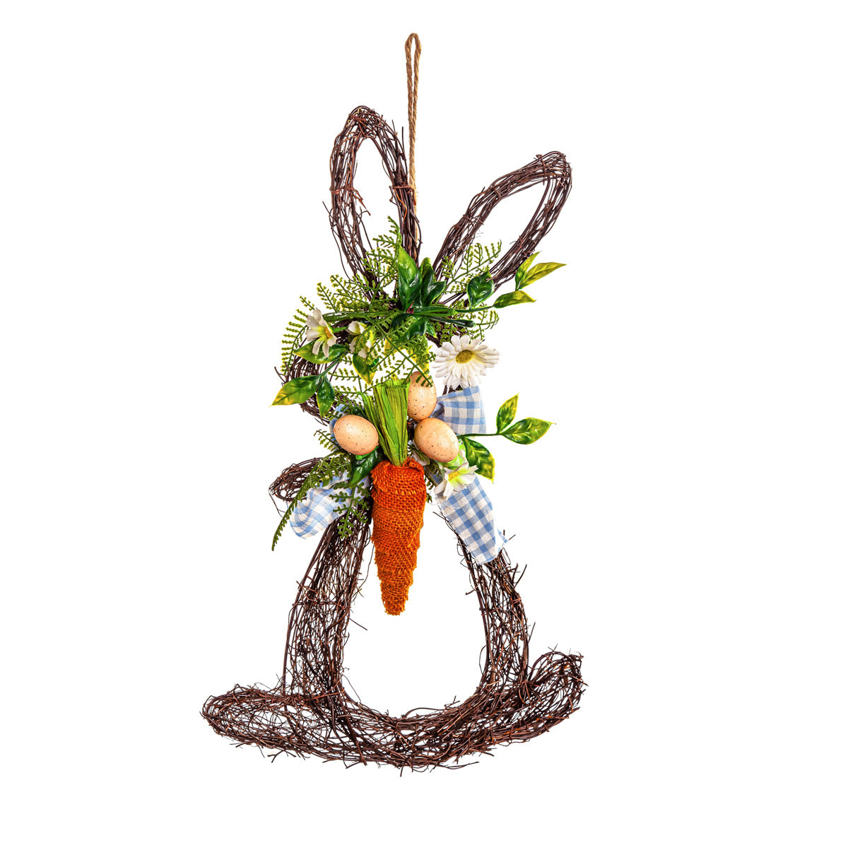 Rattan Bunny with Plaid Bow and Carrot Embellishment Wall Décor