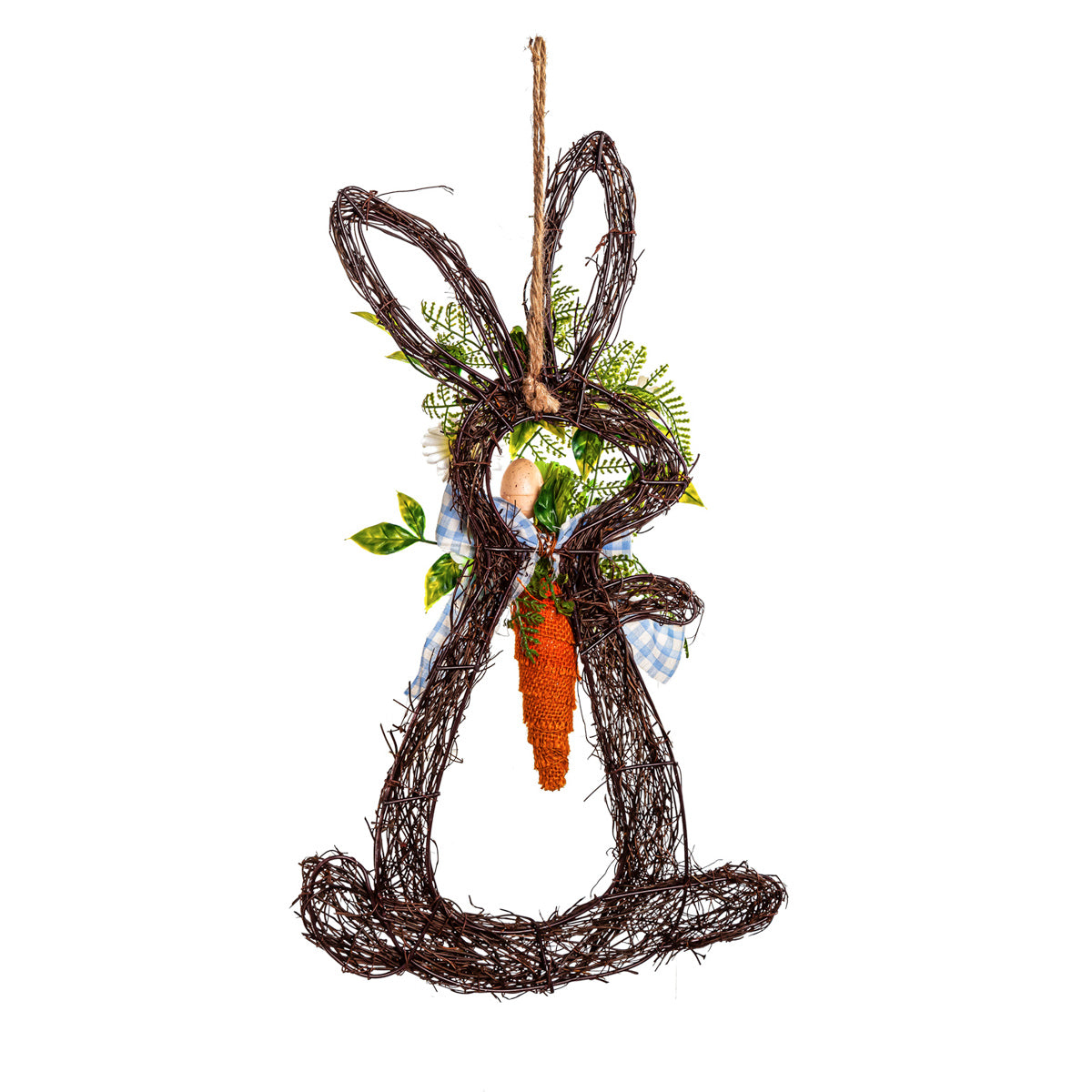 Rattan Bunny with Plaid Bow and Carrot Embellishment Wall Décor