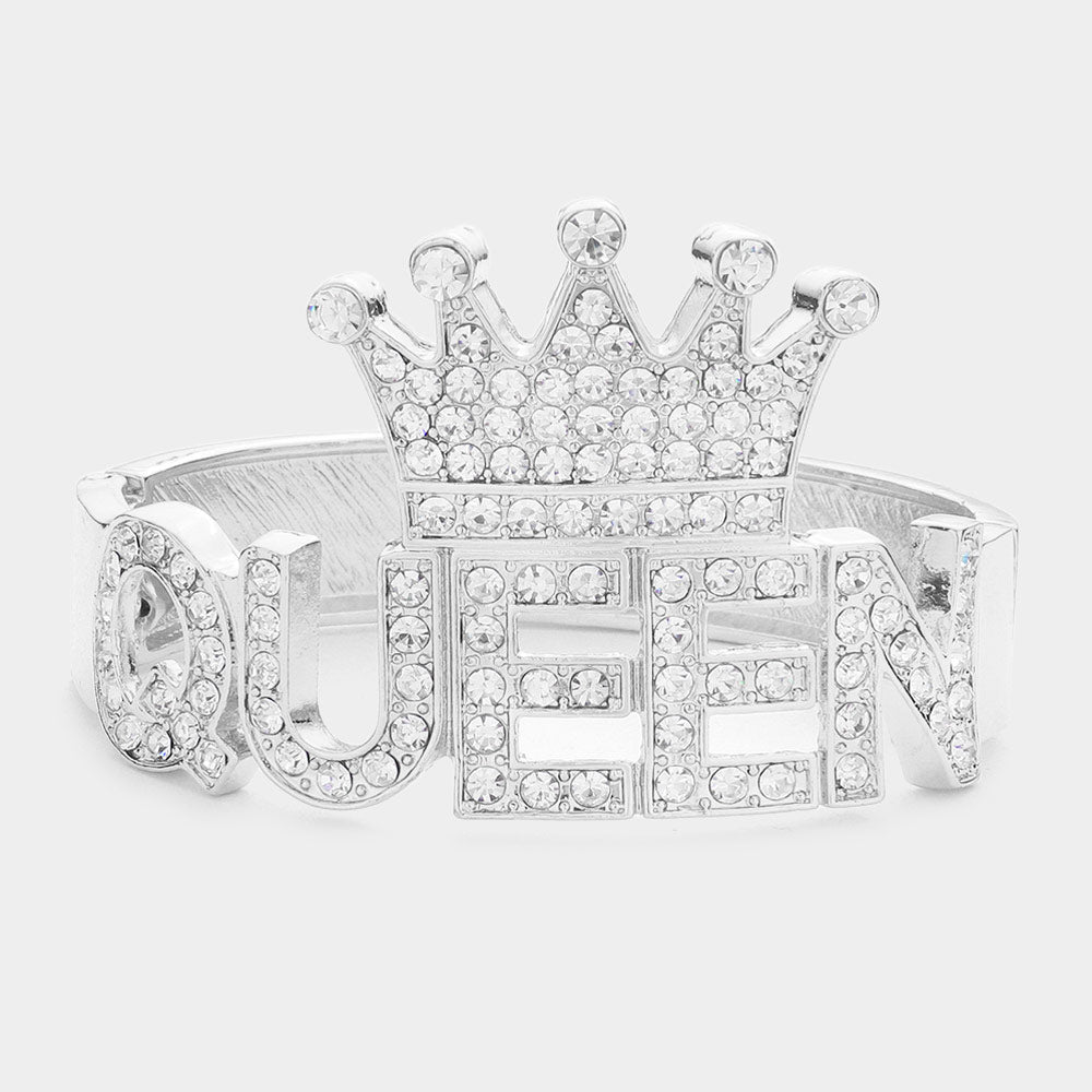 QUEEN Rhinestone Embellished Crown Hinged Bracelet