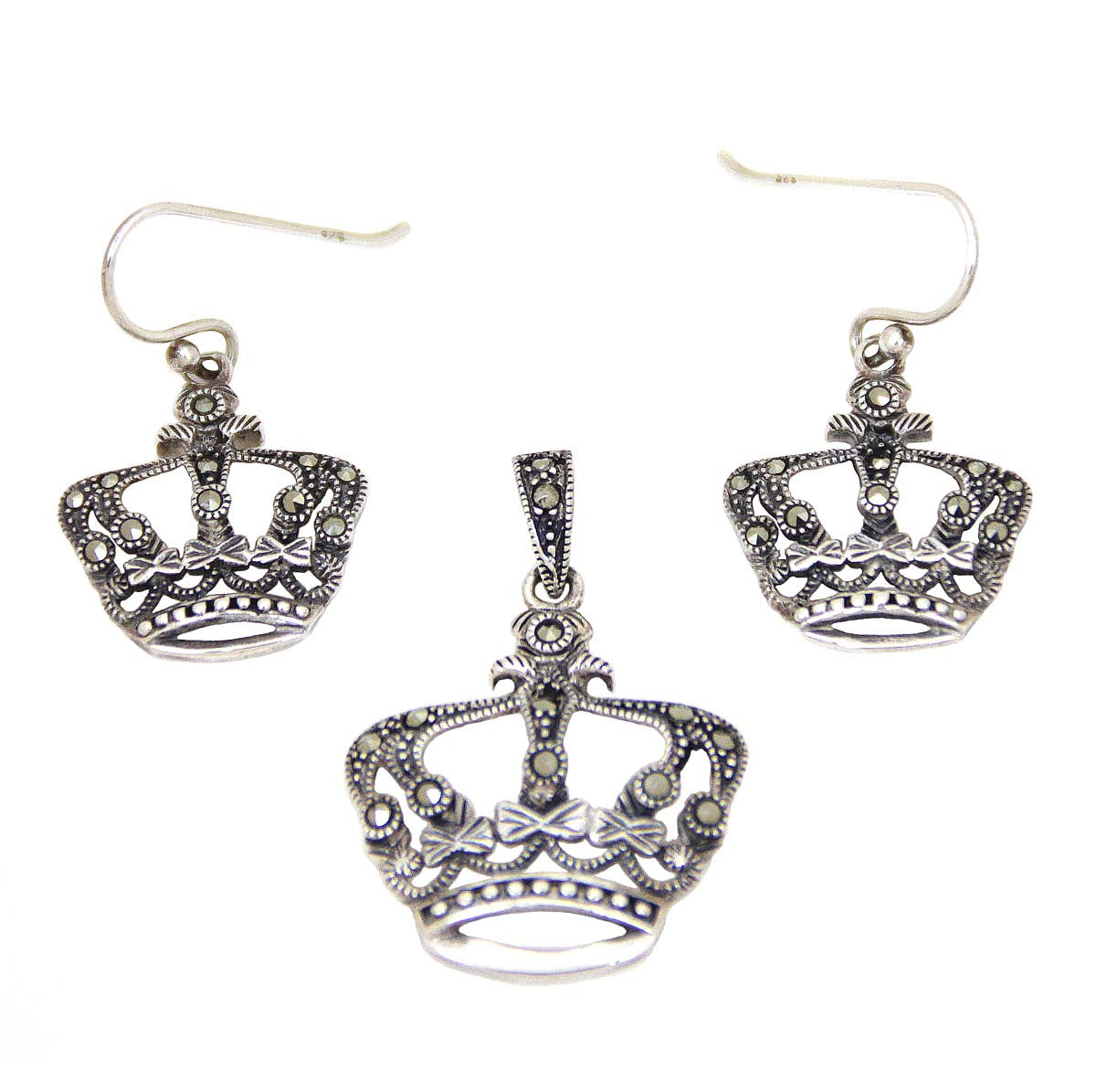 Crown Pendant & Earring Set, Sterling Silver