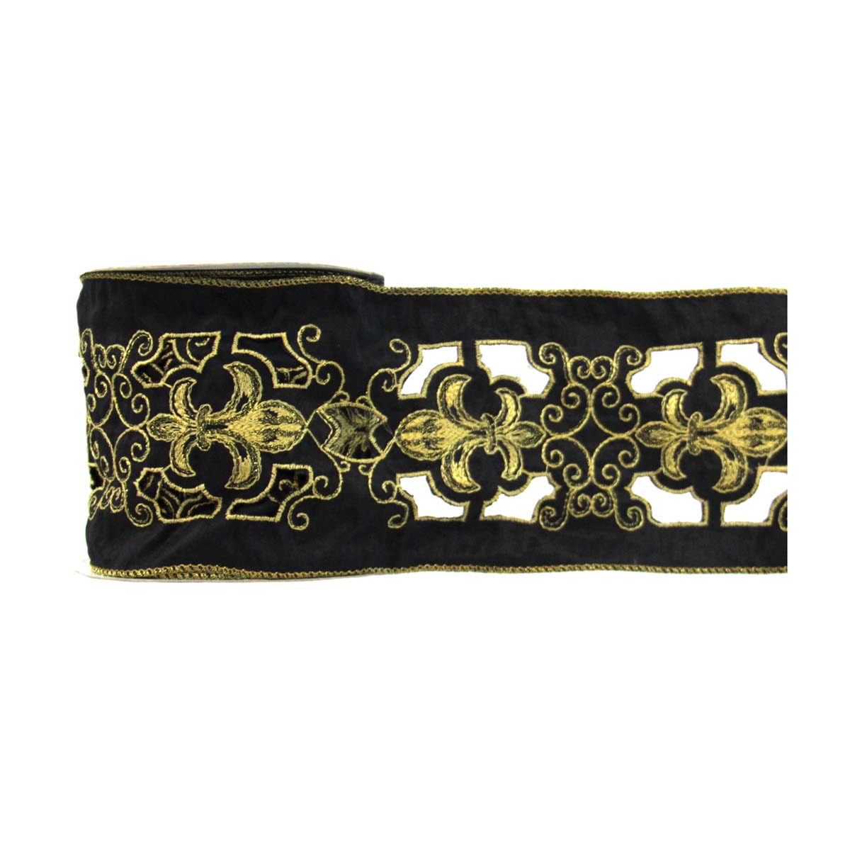Embroidered Wired Ribbon Gold and Black Fleur De Lis