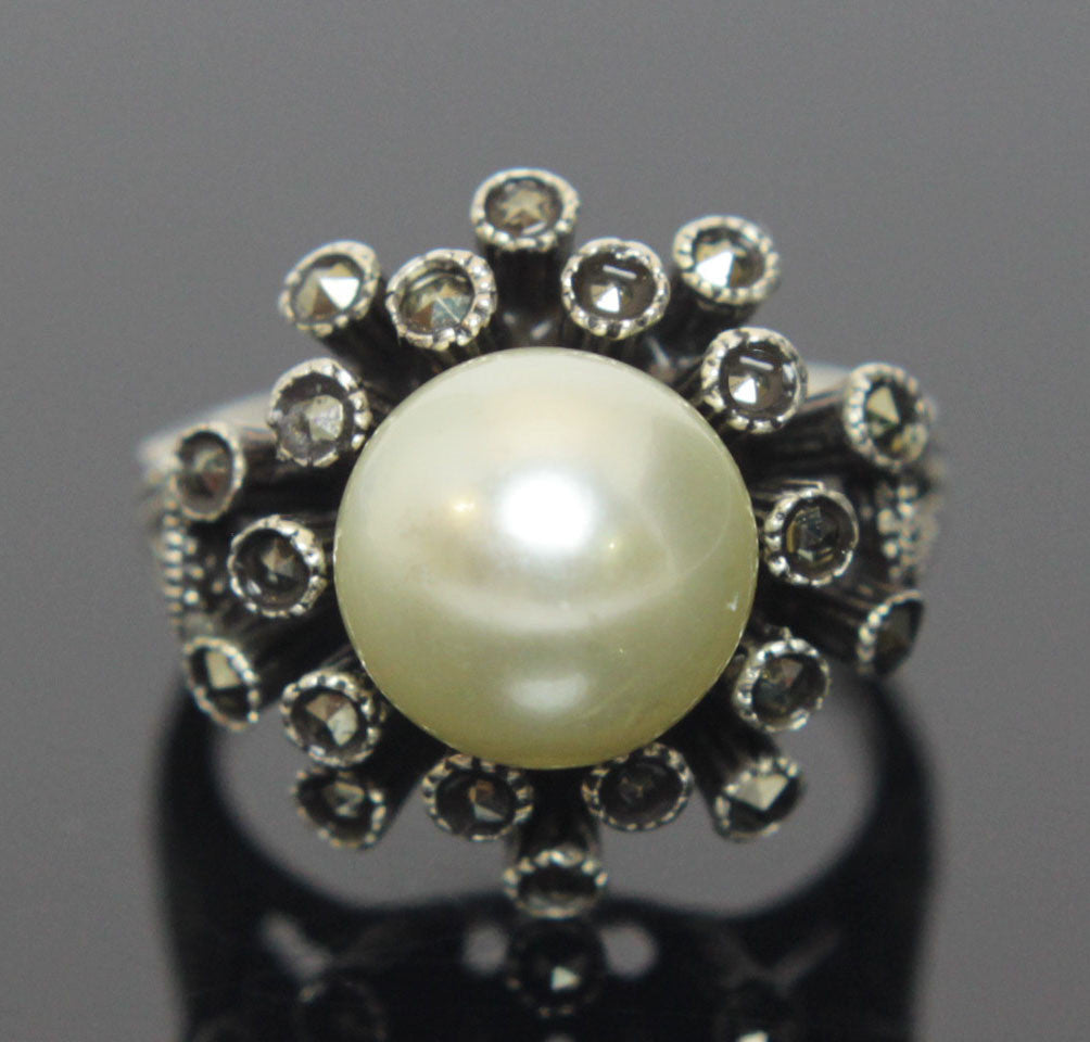 Sterling Silver Pearl Marcasite Ring Size 6