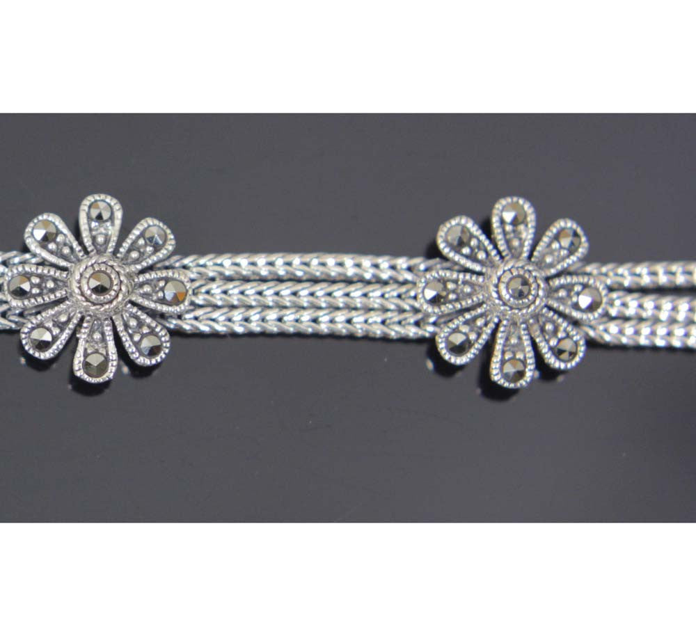 Sterling Silver Marcasite Flowers Bracelet 7"