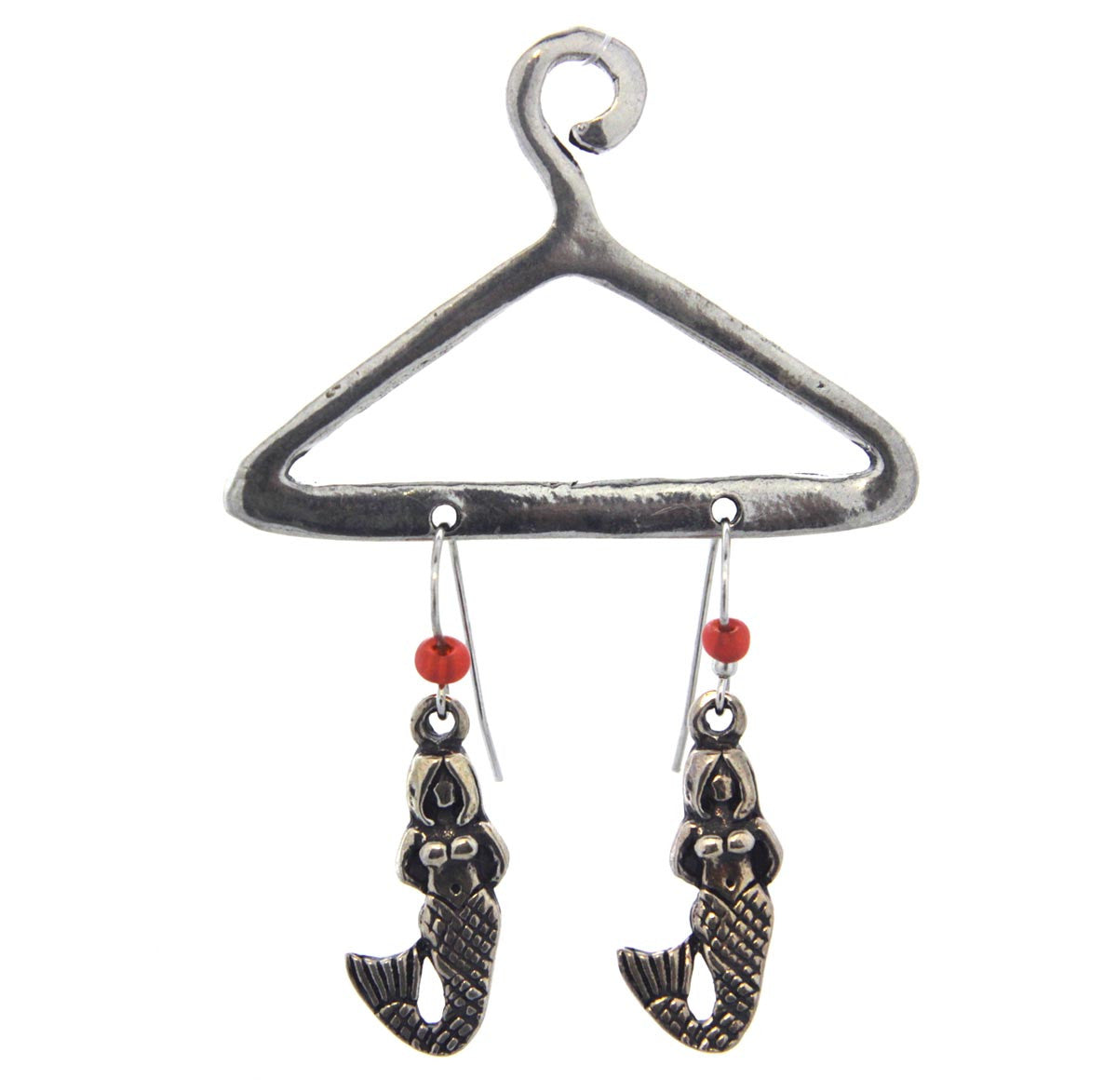 Mermaid Pewter Earrings on a hanger, Orange bead