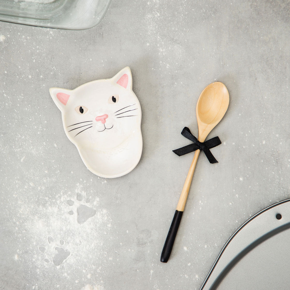 Ceramic Cat Spoon Rest with Wooden Spoon