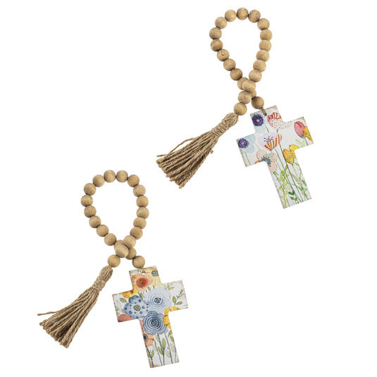 Floral Cross on Beaded Hanger with Tassel