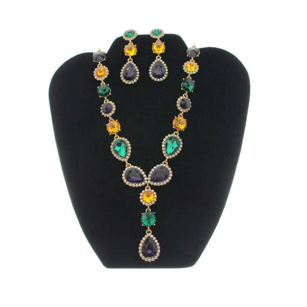 Mardi Gras Gem Necklace and Earring Set-Teardrop and Circle Stones