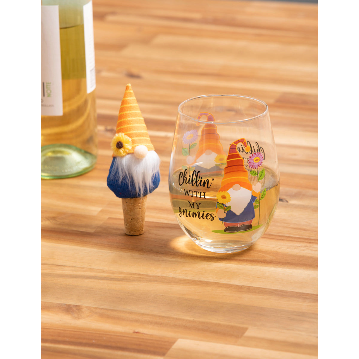 Stemless Glass with Garden Gnome Stopper, Chillin with my Gnomies, Gift Set