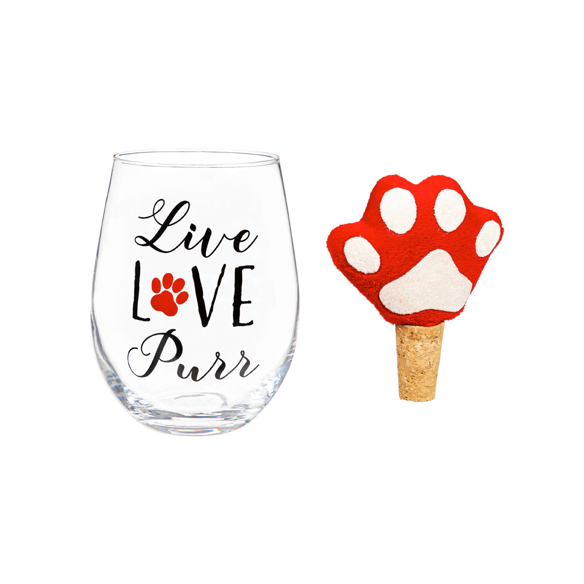 Stemless Glass with Paw Print Stopper