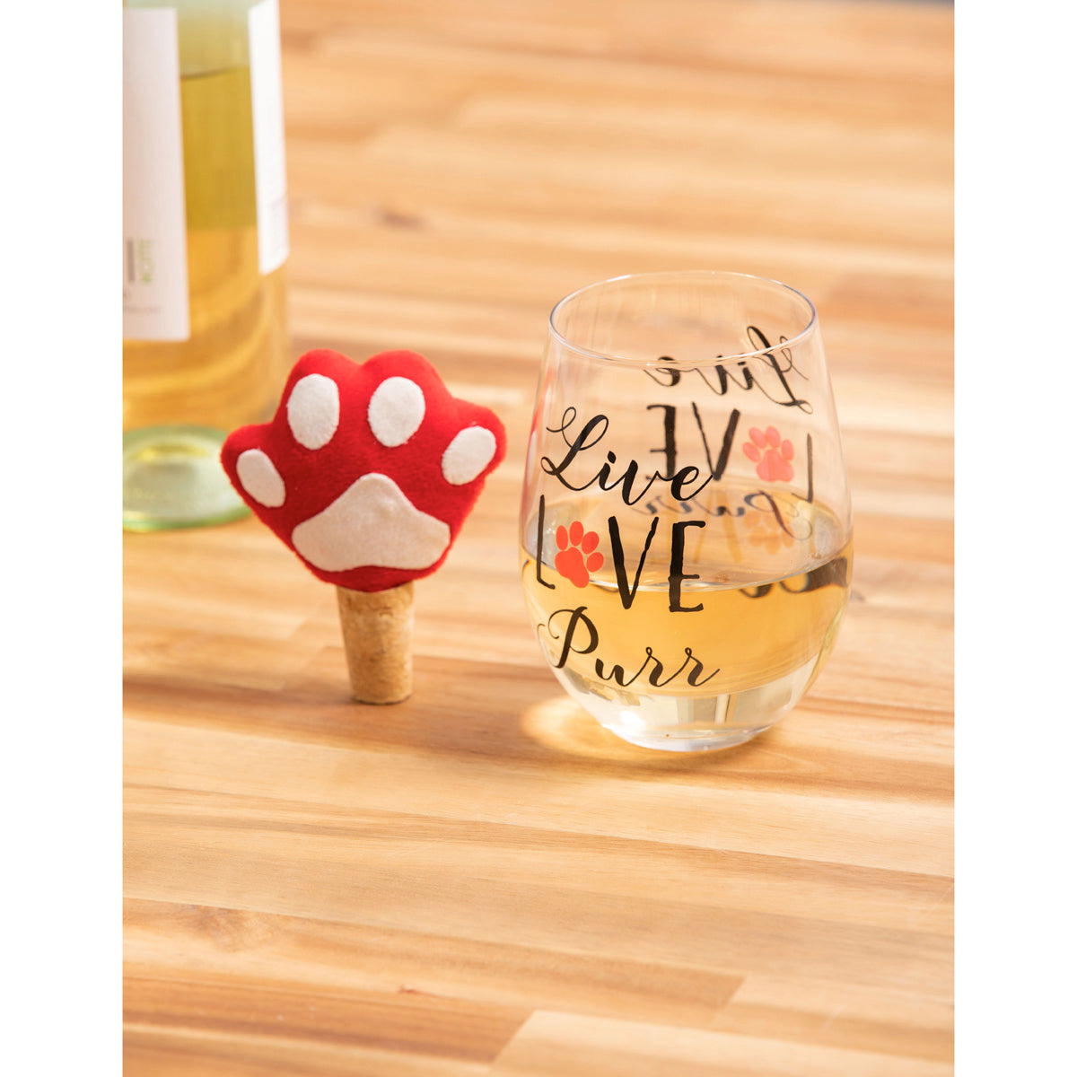 Cat Stemless Glass with Paw Print Stopper