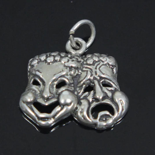 Comedy & Tragedy Masks Charm, Oxidized Sterling Silver
