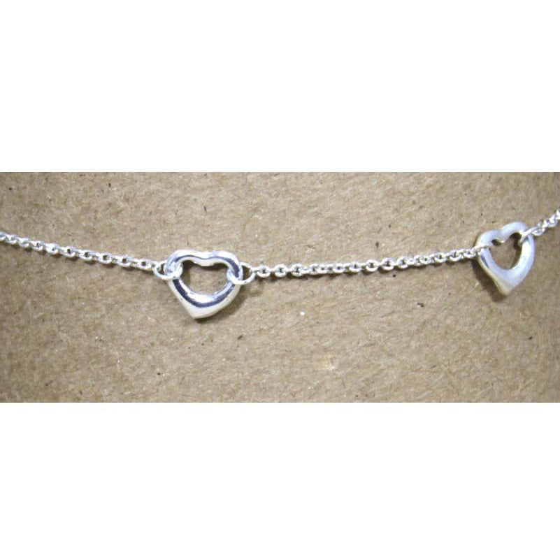 Sterling Silver Chain Five 15mm Hearts Ankle Bracelet 10"