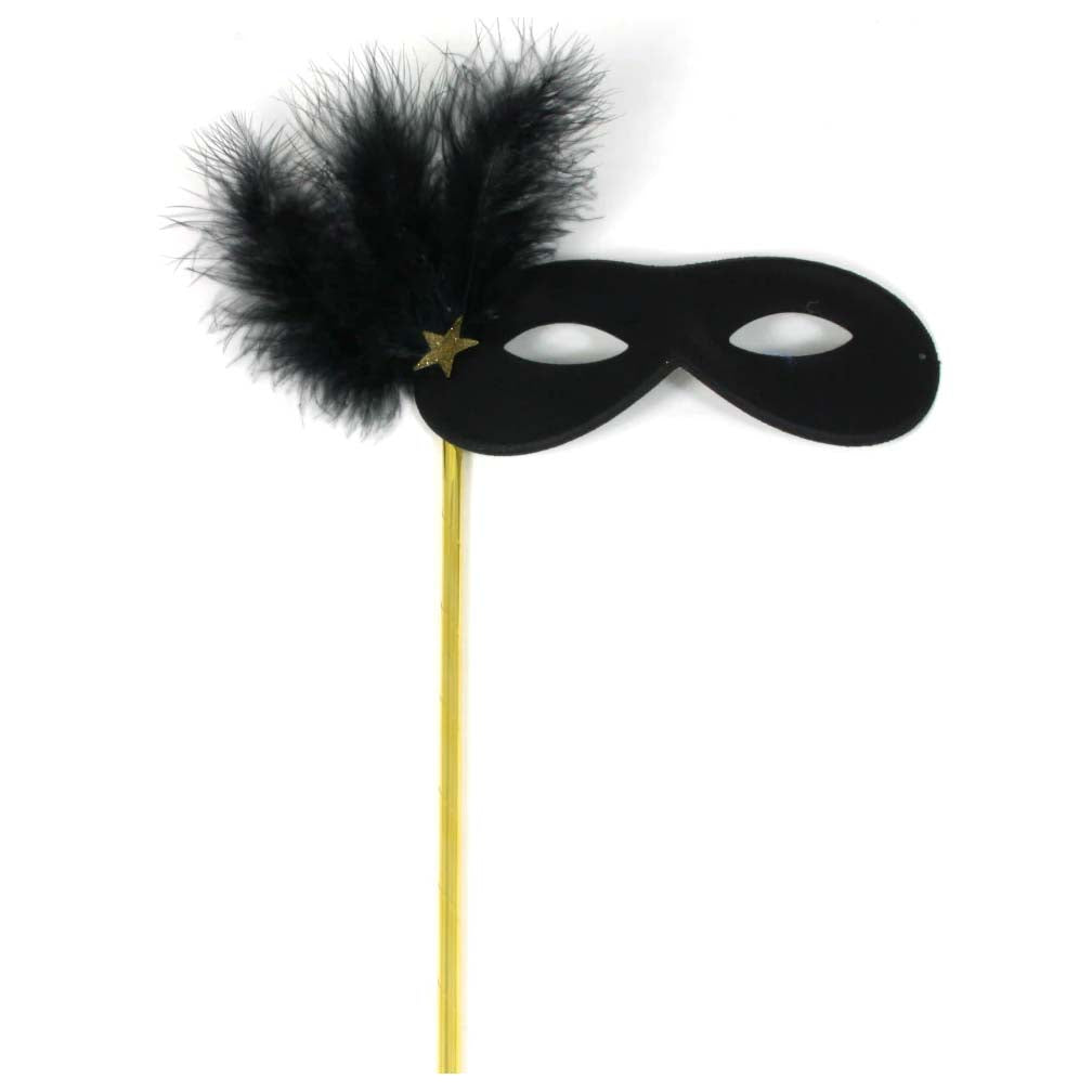 Mask on Stick Black with Feather